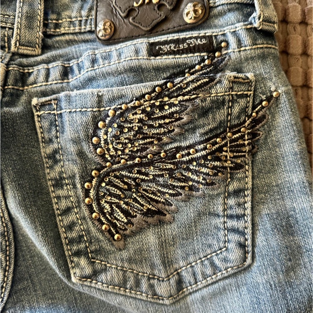 Miss Me Light Blue Skinny Jeans with Beaded Wing Embroidery